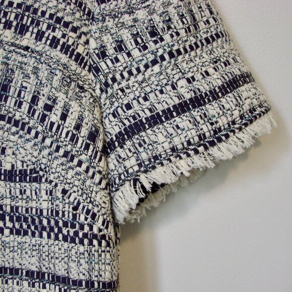 Trina Turk Tweed Midi Dress Navy White Shift V-neck Fringe Business Office 8 - Picture 6 of 16
